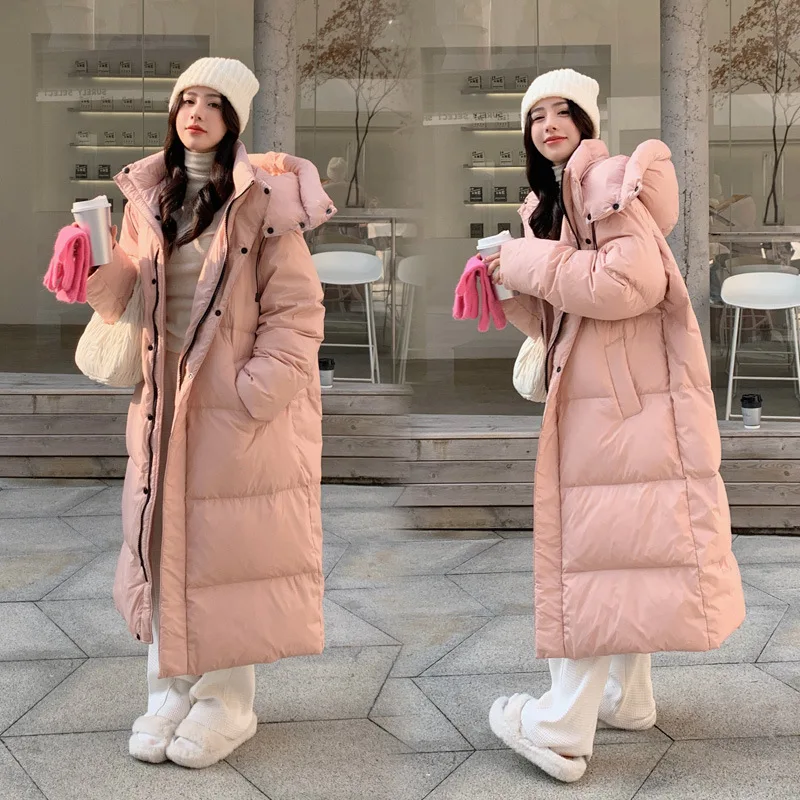 Oversize Thicken Windproof Over The Knee Puff Jacket Women Winter Coat Long Windbreaker Parka Long Sleeve Hooded Snow Clothes