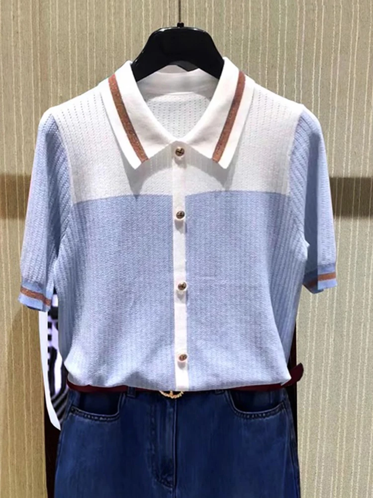 

Повседневная трикотажная рубашка из ледяного шелка: летняя, комфортная, стройнящая, базовый слой, универсальный топ для города, женская модель, дизайнерская новинка, цветная.