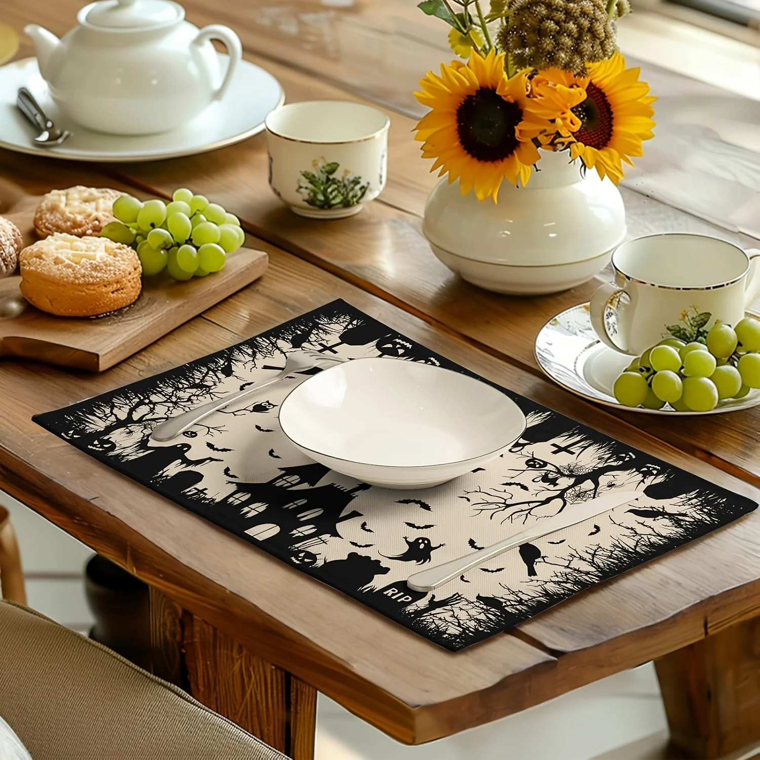 4pcs Halloween Placemat Set, B&W Witch Castle Haunted‑House Bat Crow Tree Print for Restaurant Party Table Decor