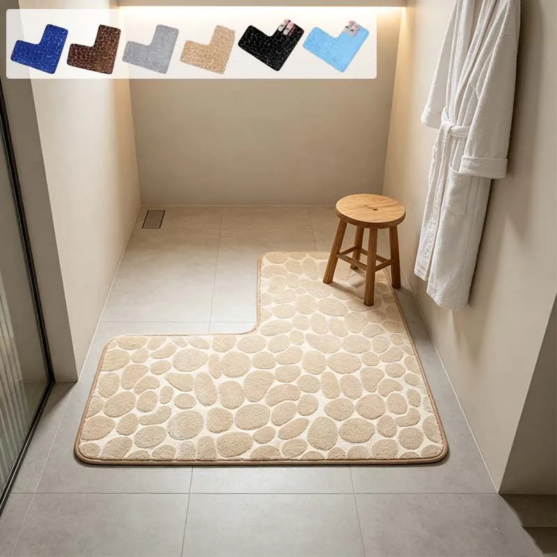 Corner L-Shape Quick Dry Bath Mat Memory Foam Non-Slip Rug High Absorbency Cobblestone Floor Mat for Kitchen Living Room Area