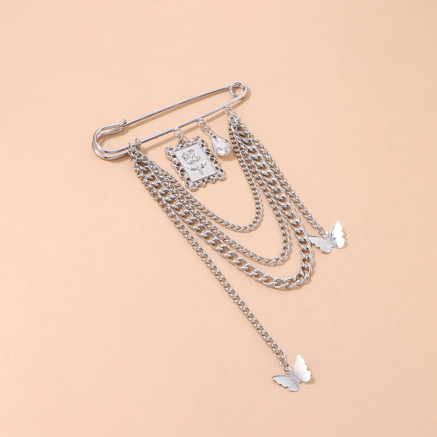 Cross border jewelry trend, multi-element rose butterfly brooch, women's fashionable rhinestone chain brooch pendant