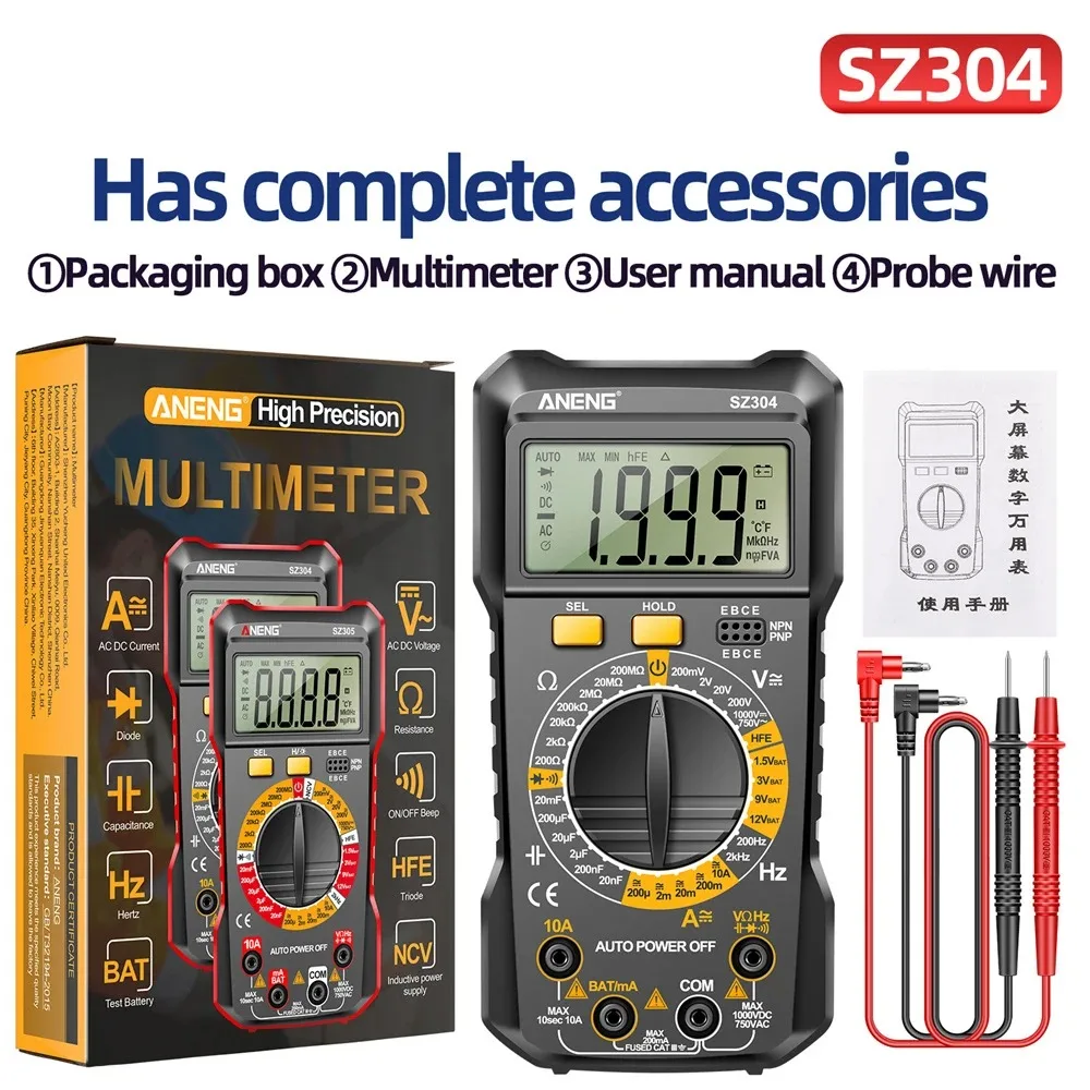 SZ304 SZ305 Multifunction Digital Multimeter 1999 Counts Voltage Current Resistance Capacitance Frequency Diode Tester True RMS