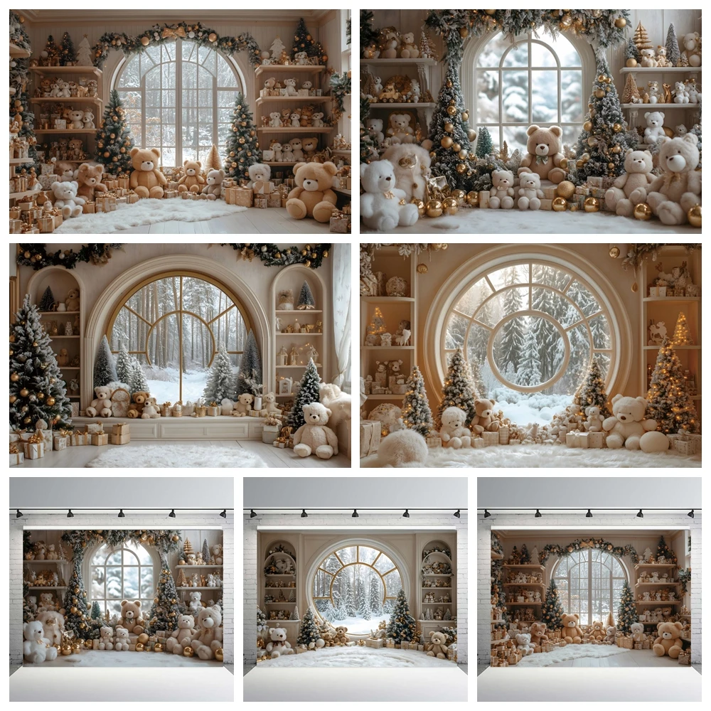 Winter Snow Christmas Photography Background European Window Arch Xmas Tree Bear Gift Decor Kid Family Portrait Photo Background