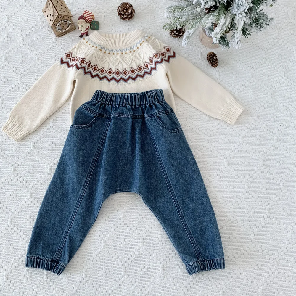 Autumn Winter Baby Christmas O-Neck Sweater Infant Girl Boy Long Sleeve Jacquard Pattern Knitted Pullover Top Outwear Clothes