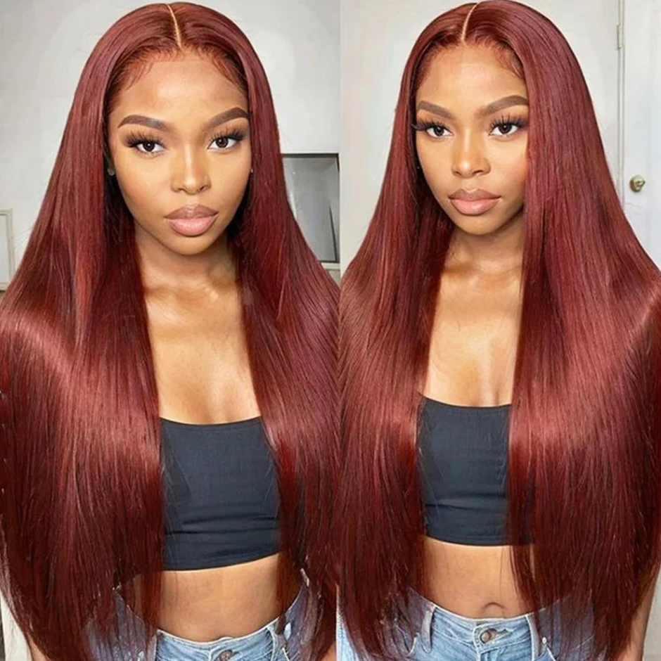 Brazilian Reddish Brown Straight Human Hair Wig 30-34 Inch 13x4 HD Lace Frontal Glueless Natural Hairline Pre-Plucked for Women