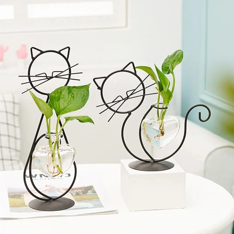 1pc Cute Hand Welded Vases High Temperature Baking Paint Hydroponic Glass Cat Shape Heart Vase with Metal Holder