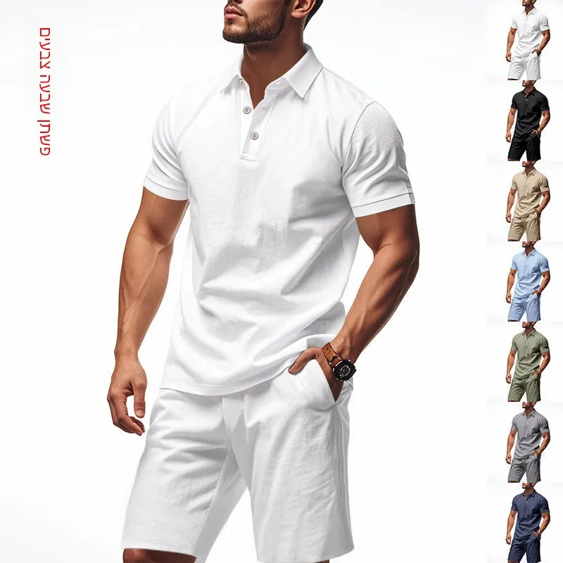 

Casual Linen Shirt Short Sleeve Turn-down Collar Beach Shorts Set Men's Summer Fashion Upper And Bottoms Ensemble