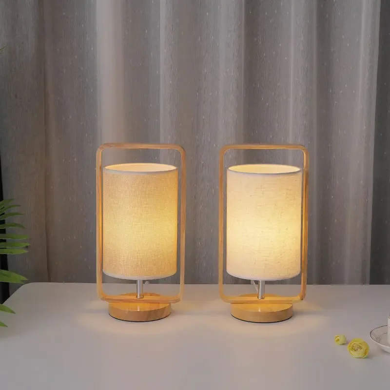 Agradável led lâmpada de mesa de madeira maciça pano abajur luzes da noite quarto candeeiros de mesa