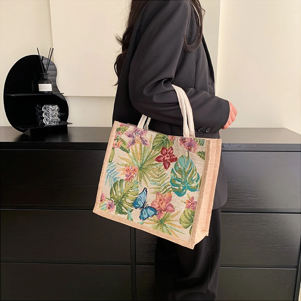 Large Capacity Burlap Tote Bag Vintage Flower Printed Top Handle Eco Shopping Bags Females Foldable Handbag Clutch Bag Hobo