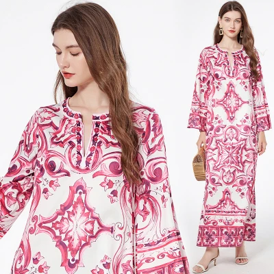 Summer Runway Blue And White Porcelain Loose Long Dress Women O-Neck Flare Sleeve Floral Print Bohemian Side Split Maxi Vestidos