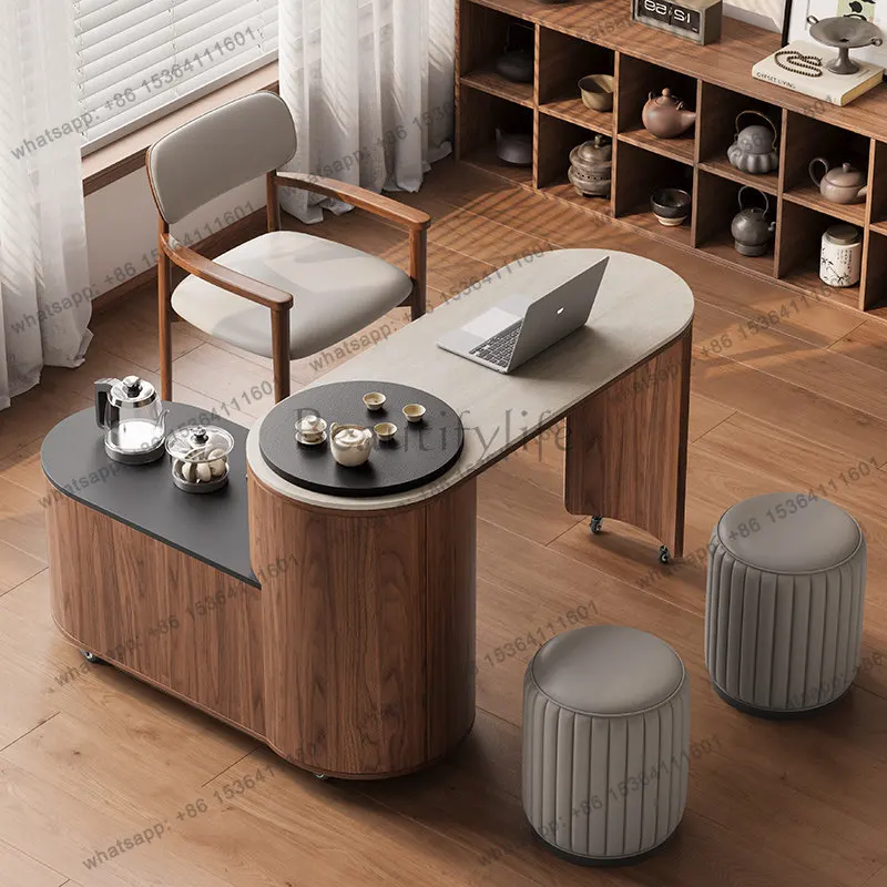 New mobile tea table multi-functional tea table simple household oval rotatable dual-purpose