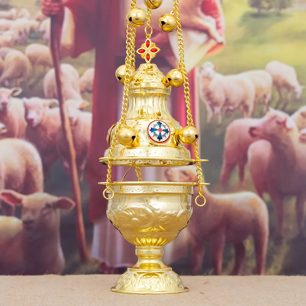 

New Eastern Orthodox Gold Plated Church Censer with Chain and Bells Enamel Inlay for Christian Liturgy Incense Burning Religious