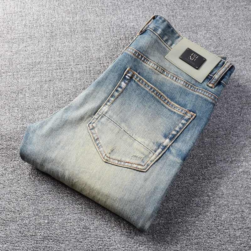 Newly Designer Fashion Men Jeans High Quality Retro Washed Blue Stretch Slim Fit Ripped Jeans Men Painted Vintage Denim Pants