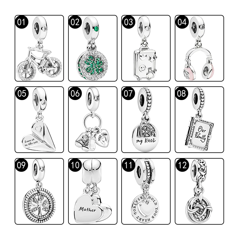 925 Silver Pendants Charms For Women Bracelets DIY Bicycle Four Leaf Clover Suitcase Headphones Plane Book Tree Of Life Hearts