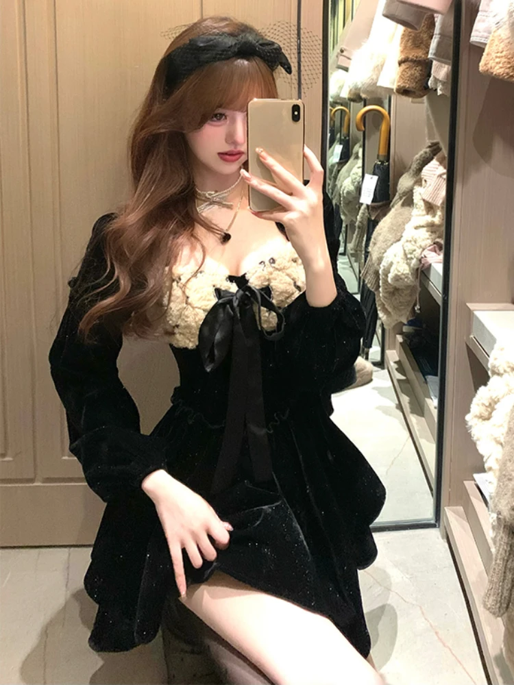 2023 Winter French Fashion Short Party Dress Women Casual Long Sleeve Elegant Sweet Black Velvet Dress One Piece Dress Korean