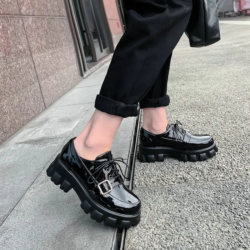 Women Platform Pumps 2023 Autumn 6cm High Heels Patent Leather Black Shoes Lace Up Lolita Japanese Female Shoes Big Size 32-46