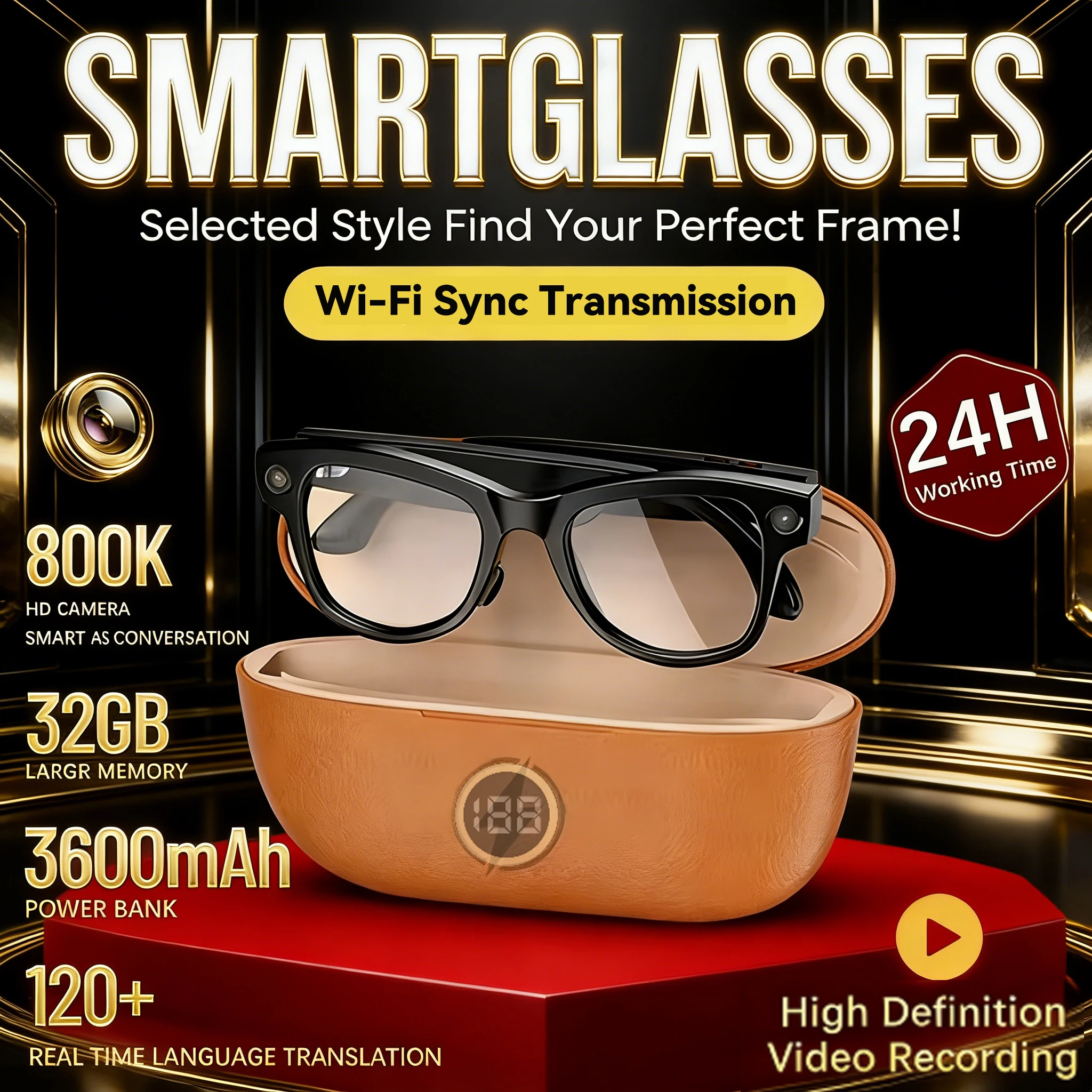 

2026 New 800W Camera AI Smart Glasses 3600mAh Portable Charger 100+ Language Translation AI Chat Bluetooth Call Music Player
