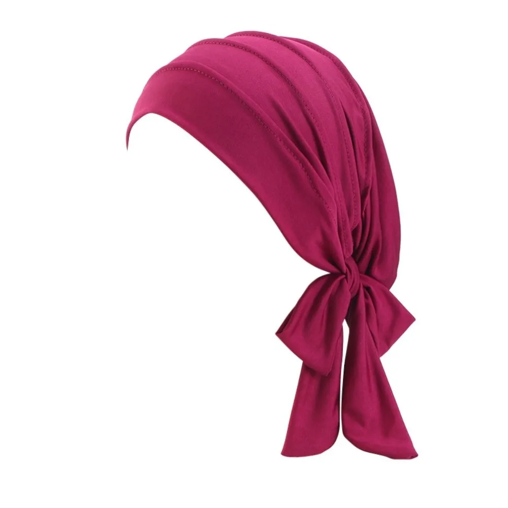 Comfortable Solid Color Headscarf Hat Breathable Stretch Hijab Long Tail Pre-Tied Inner Hat Islamic Use