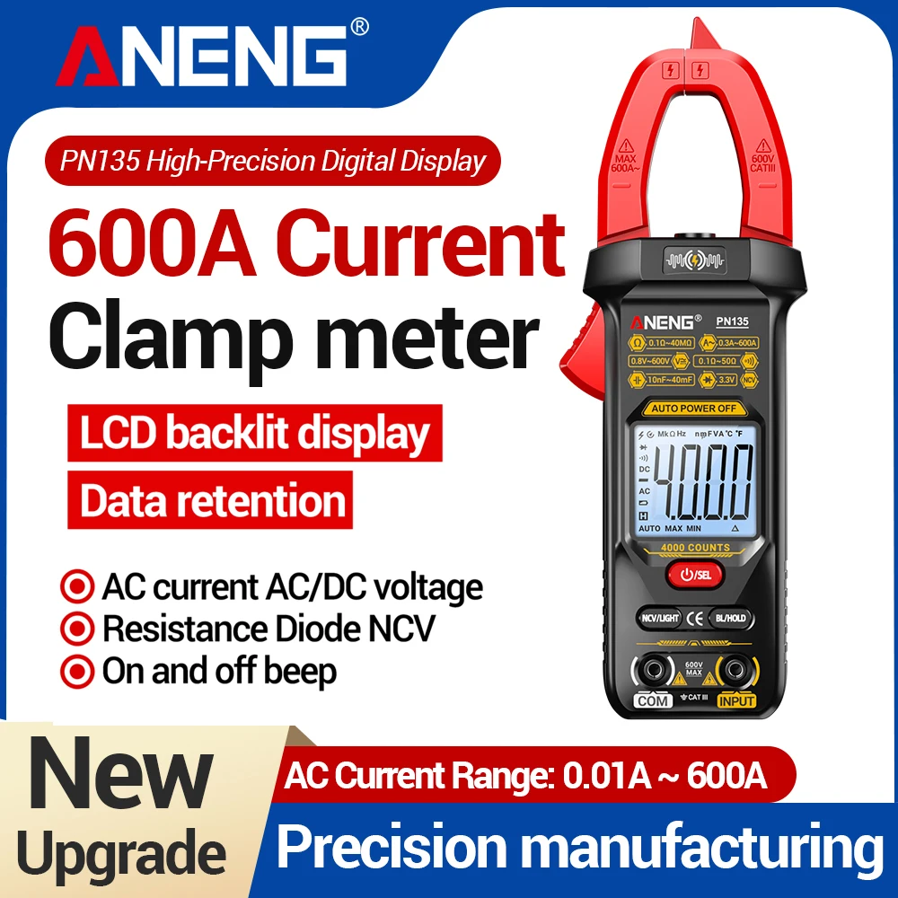 

ANENG PN135 4000 измерений, амперметр, вольтметр переменного/постоянного тока для автомобиля, измеритель NCV, тестер сопротивления и емкости, умный мультиметр-клещи