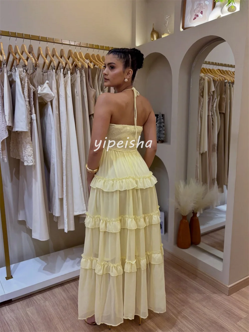 Customized Sexy Fashion Chiffon Pleat Ruched Tiered A-line Halter Midi Dresses Evening Dresses Sizes Available High Quality