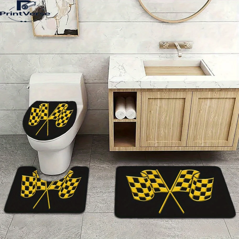 3pcs Forest-Inspired Crossed Yellow Checkered Racing Flags Decorative Mat Set - Machine Washable, Geometric Pattern, Polyester
