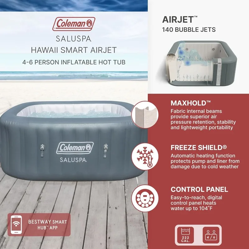 Coleman SaluSpa AirJet 4 to 6 Person Inflatable Hot Tub Square Portable Outdoor Spa