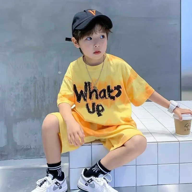 Children Boys Clothes Gradient Color Kids T-Shirt & Loose Shorts 2pcs Set Teenage Graffiti Tracksuit Hiphop Style Letter Outfit