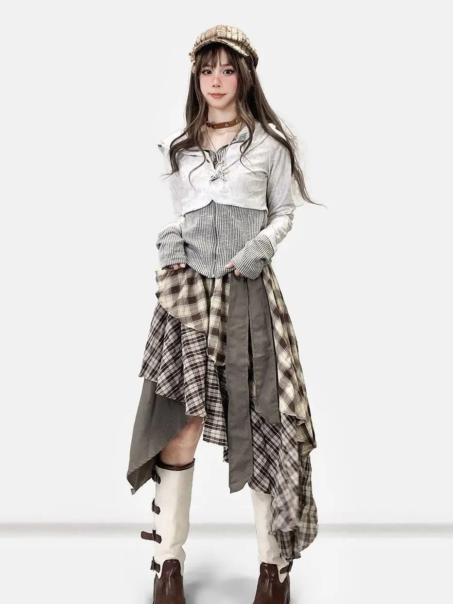 

Осенняя уличная одежда, милая элегантная женская юбка, шикарная готическая винтажная клетчатая юбка, популярная корейская модная юбка нестандартного дизайна для девочек