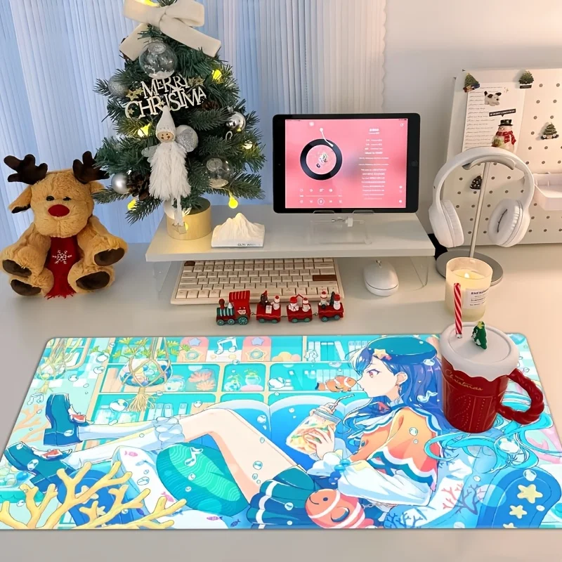 Extra Large Vibrant Underwater Desk Mat, HD Anime Character Design, Non-Slip Waterproof Rubber Base Gaming Mouse Pad