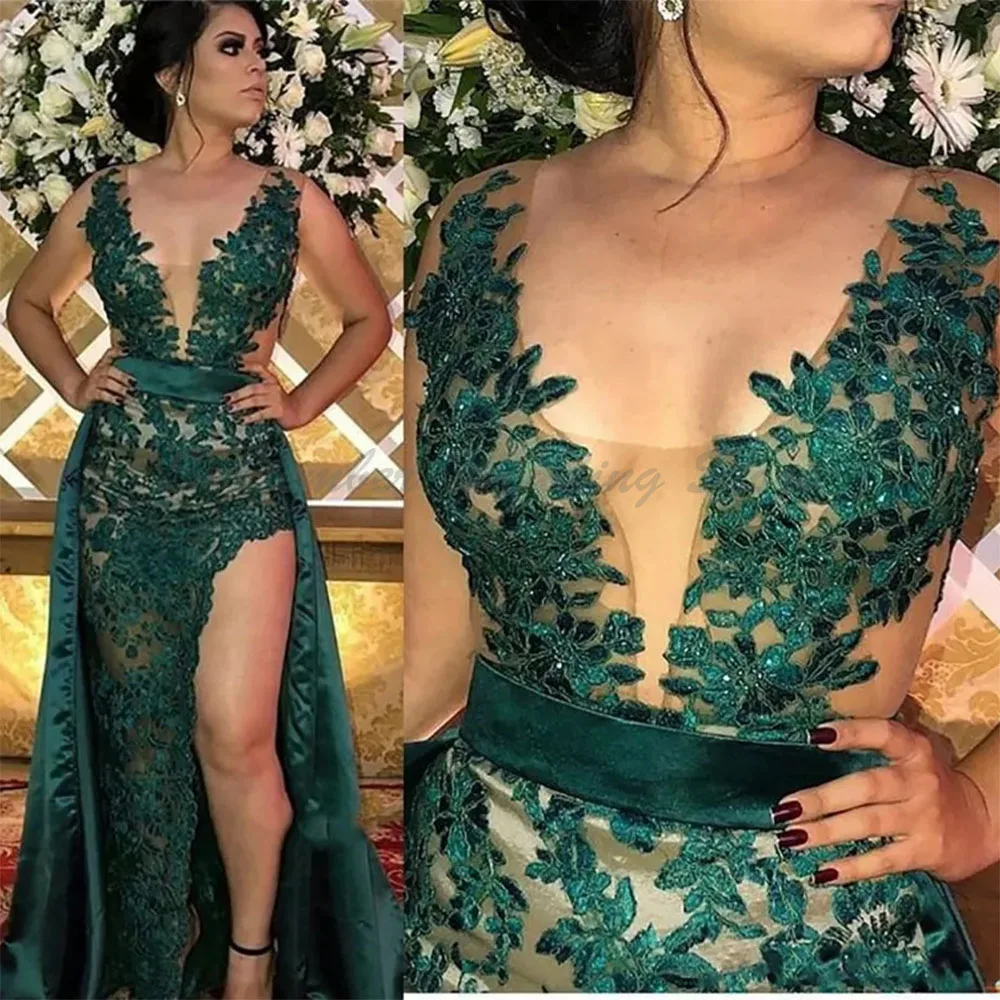 

Hunter Green Split Evening Dress With Detachable Skirt Illusion Floor Length Bodice Appliqued Long Arabic Party Gowns Prom Wear