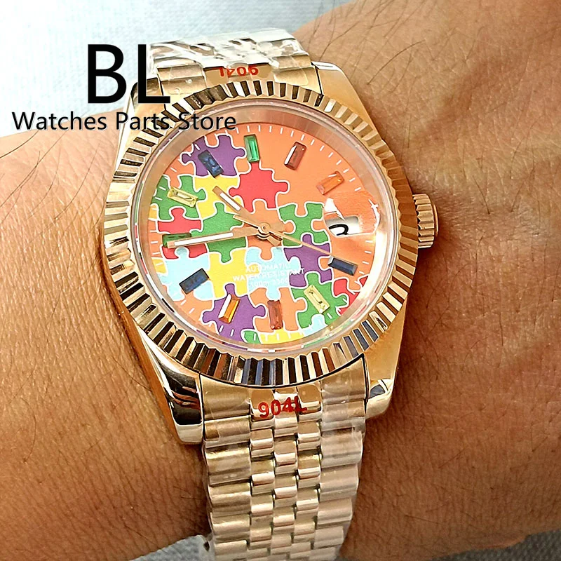 BLIGER 36mm/39mm Men\'s Watch Japan NH35 Automatic Watch Sapphire Glass Orange Puzzle Dial Luminous Rose Gold Fluted Case Jubilee