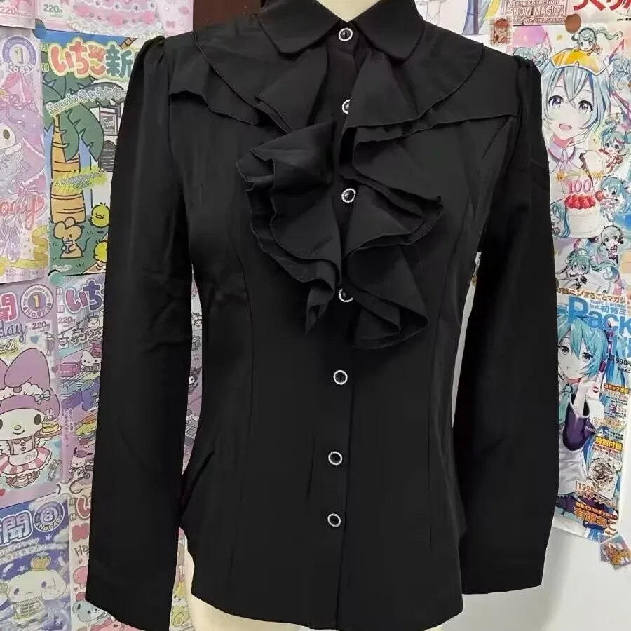 Estilo gótico japonês lolita camisa blusa feminina vintage mangas compridas camisas y2k das mulheres topos estética babados jk magro blusas