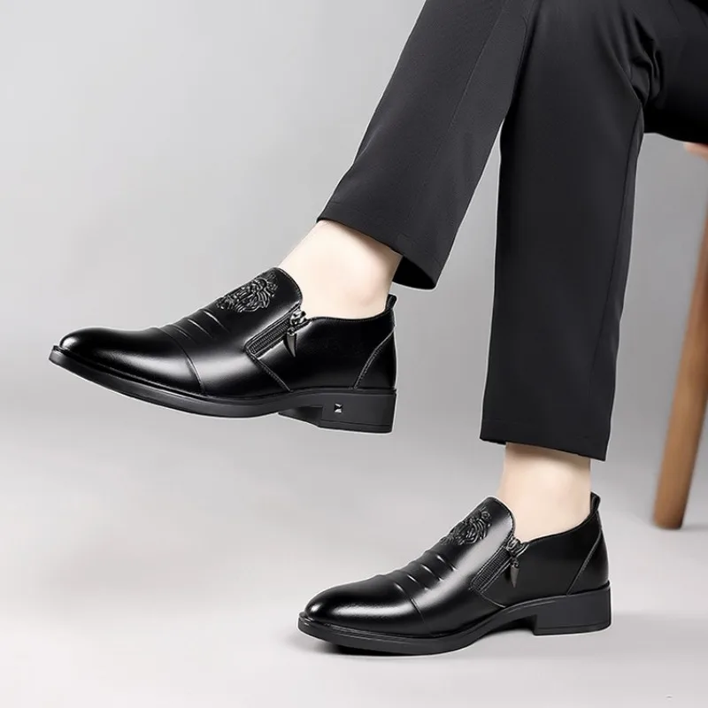 Spring Autumn Fashion Casual Men's Derby Shoes Solid Color New Designer Dress Shoe Male Round Head Zipper Leather Shoes Man image 6