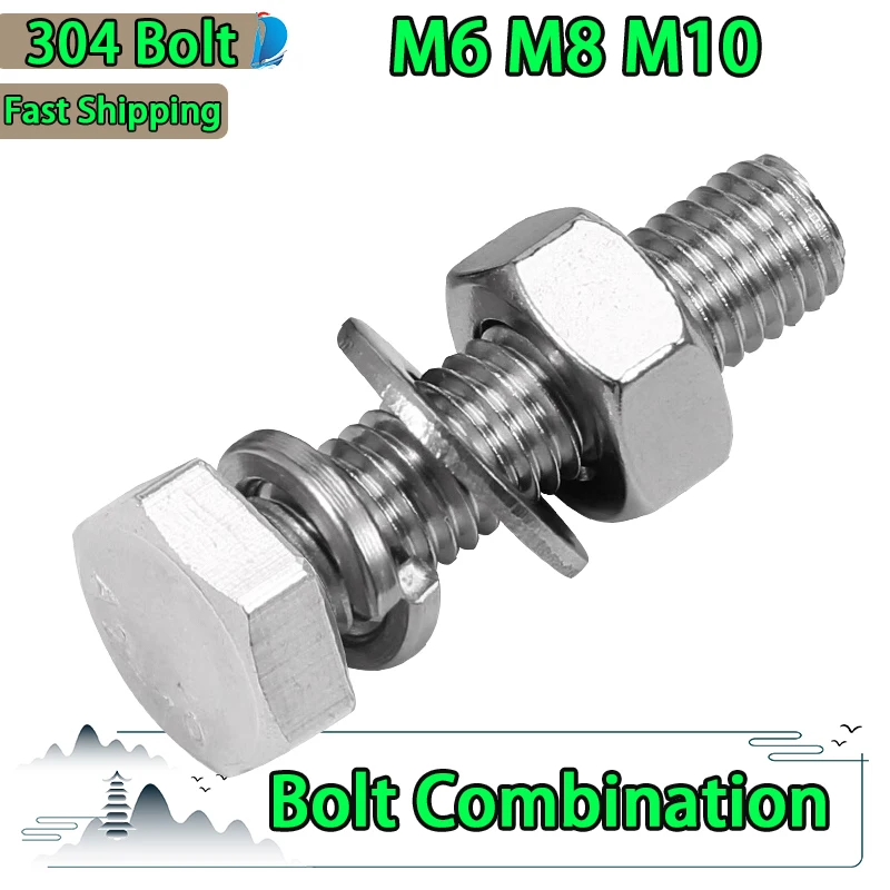 304 Stainless Steel Hexagonal Bolt Screw and Nut Set, Extended Screw Washer and Nut Set M6 M8 M10 Extended Screw Combination