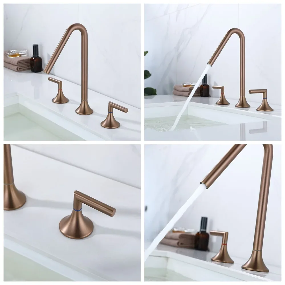 Brushed Rose Gold Bathroom Faucet 3 Hole Solid Brass Basin Tap Split Design Sink Mixer