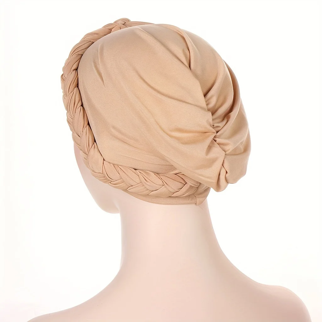 Solid Color Braided Turban Cap Ramadan Headwrap Elegant Head Scarf Lightweight Bonnet Beanies