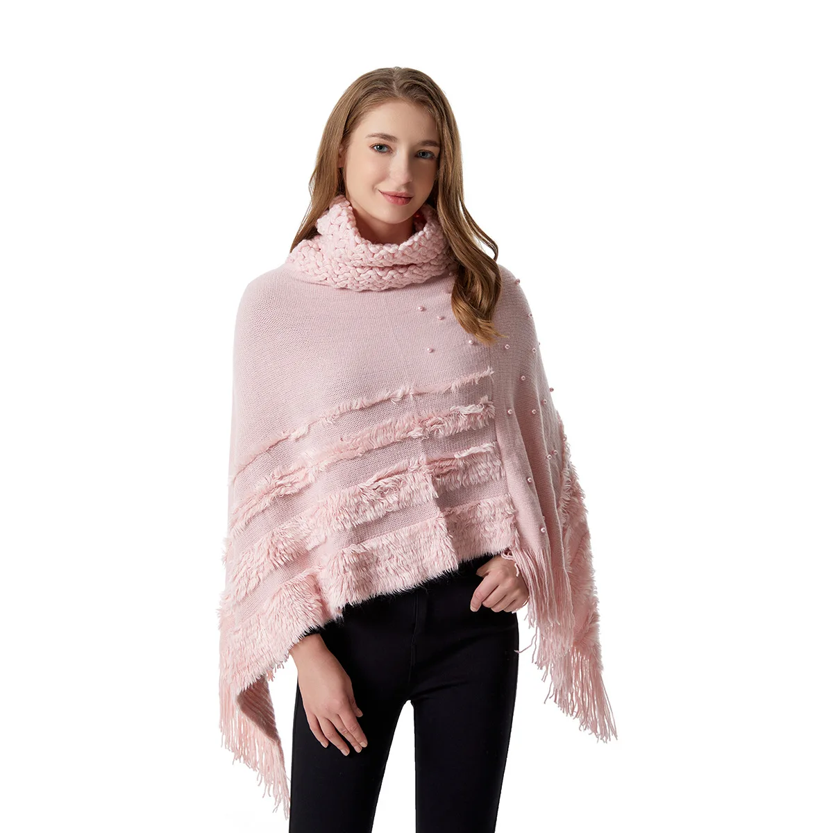 Women Spring Autumn Shawl Lady Knitted Fur Wrap Solid Color Pullover with Pearl Loose Turtleneck Sweater with Tassel Fall Poncho