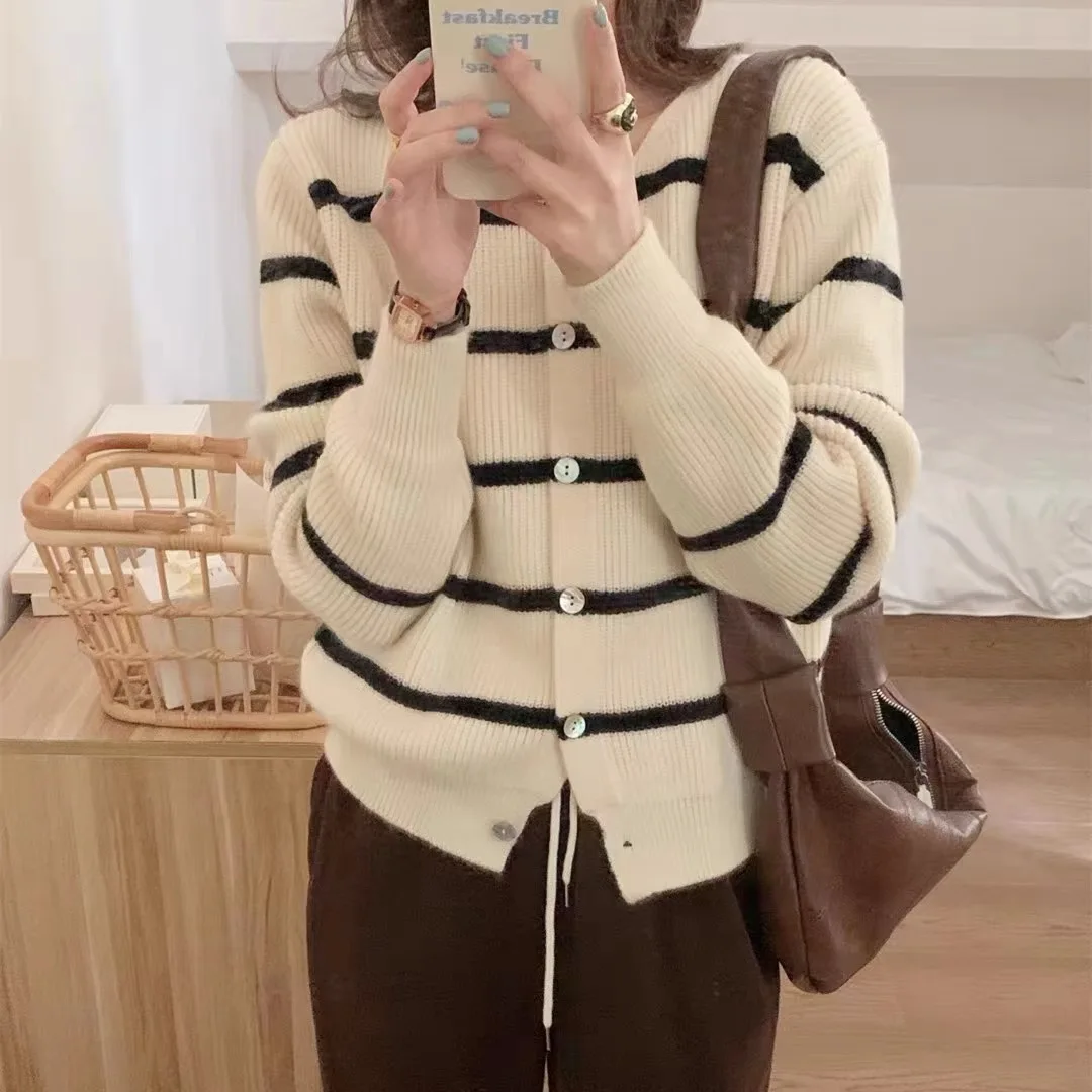 

Spring Autumn Loose Knitted Sweater Women's round Ne Soft Cozy Cardigan Striped Pattern Casual Sle Long Sve Top