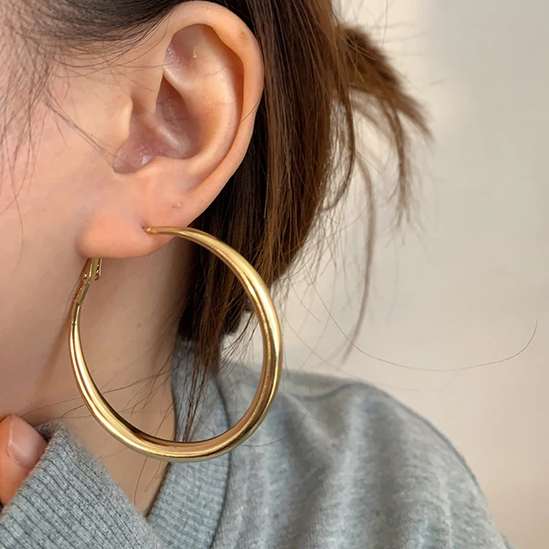 2023 New Big Circle Hoop Earrings for Women Trendy Exaggerated Silver Gold Color Metal Geometric Smooth Round Earring Jewelry