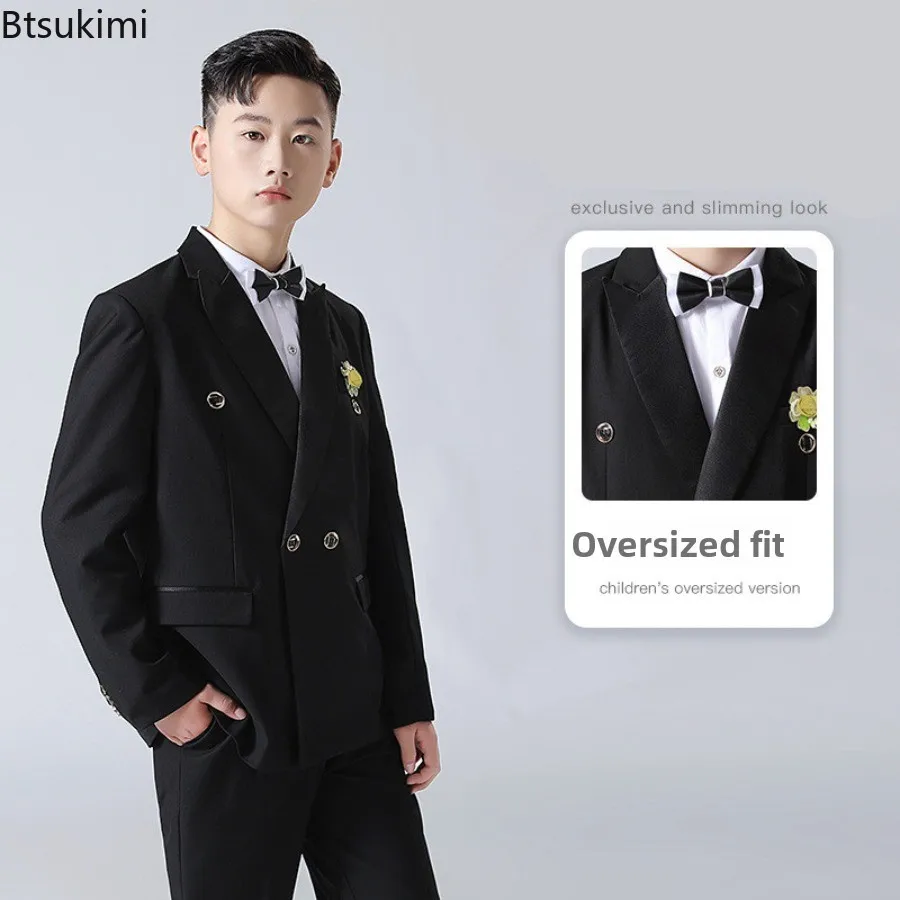 2026 Boys Suit Set 4Pieces/Set Jacket Pants Tie Chest Flower Photograph Suit School Kids Birthday Dress Children Wedding Custome