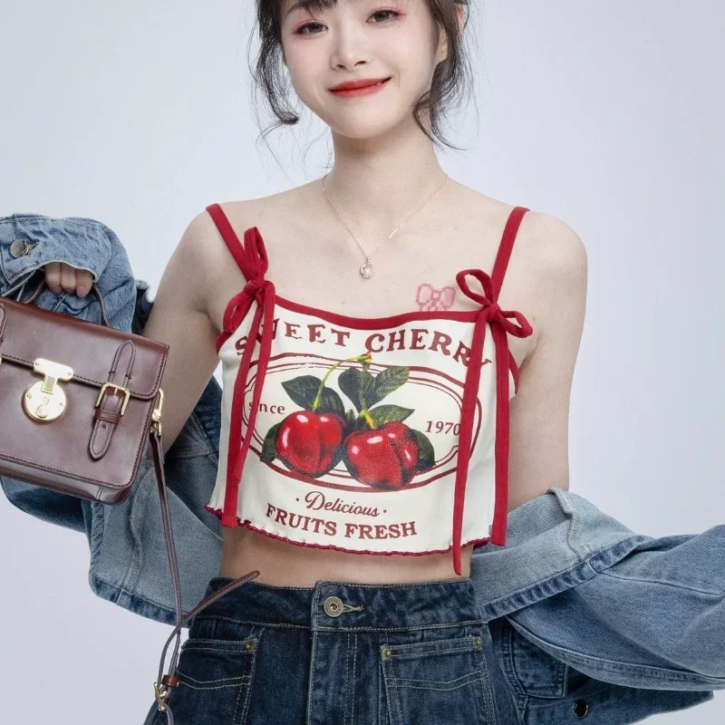 Hikigawa Chic Fashion Women Casual Japanese Sweet Cherry Print Slim Camisole Summer Bow Lace Up Thin Sxey Crop Y2k Tops Mujer