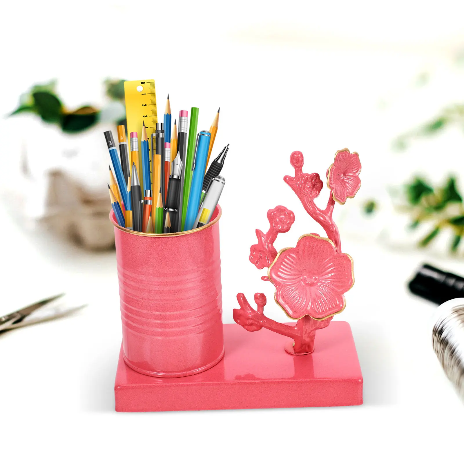 Iron Plum Blossom Pen Holder 15x15x7.5cm Desktop Organizer for Pens Brushes Rulers Makeup Brushes Vintage Decorative Flower Desk
