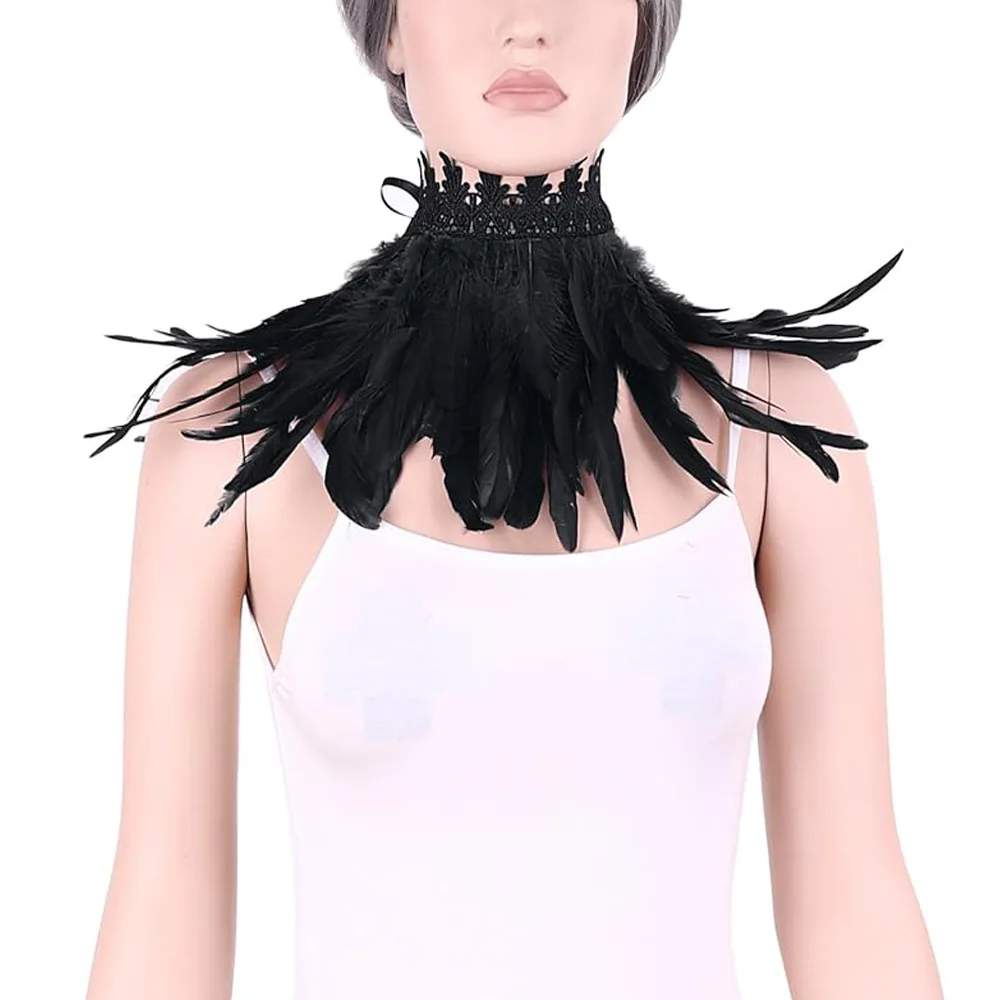 Women Feather Shawl Choker Neck Gothic Cosplay Punk Collar Witch Rave Halloween Carnival Dress Up Party Costumes Props