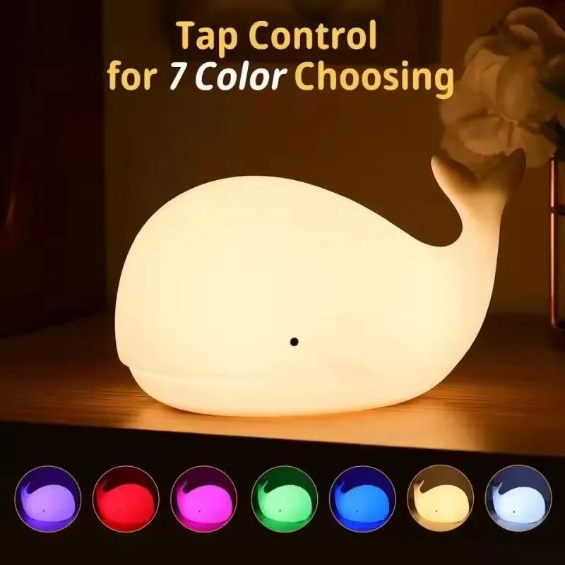 7 Colors Whale Silicone Night Light,Rechargeable Silicone Lamp,Color Changing Christmas Halloween Gift，Bedroom Co