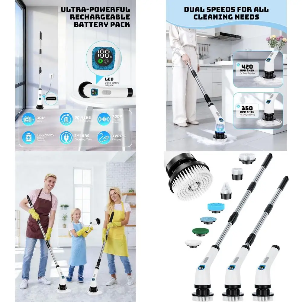 

Беспроводная щетка-мочалка для душа с 7 сменными насадками, 90-минутное время работы, 2 скорости, регулируемая ручка для ванной и кухни