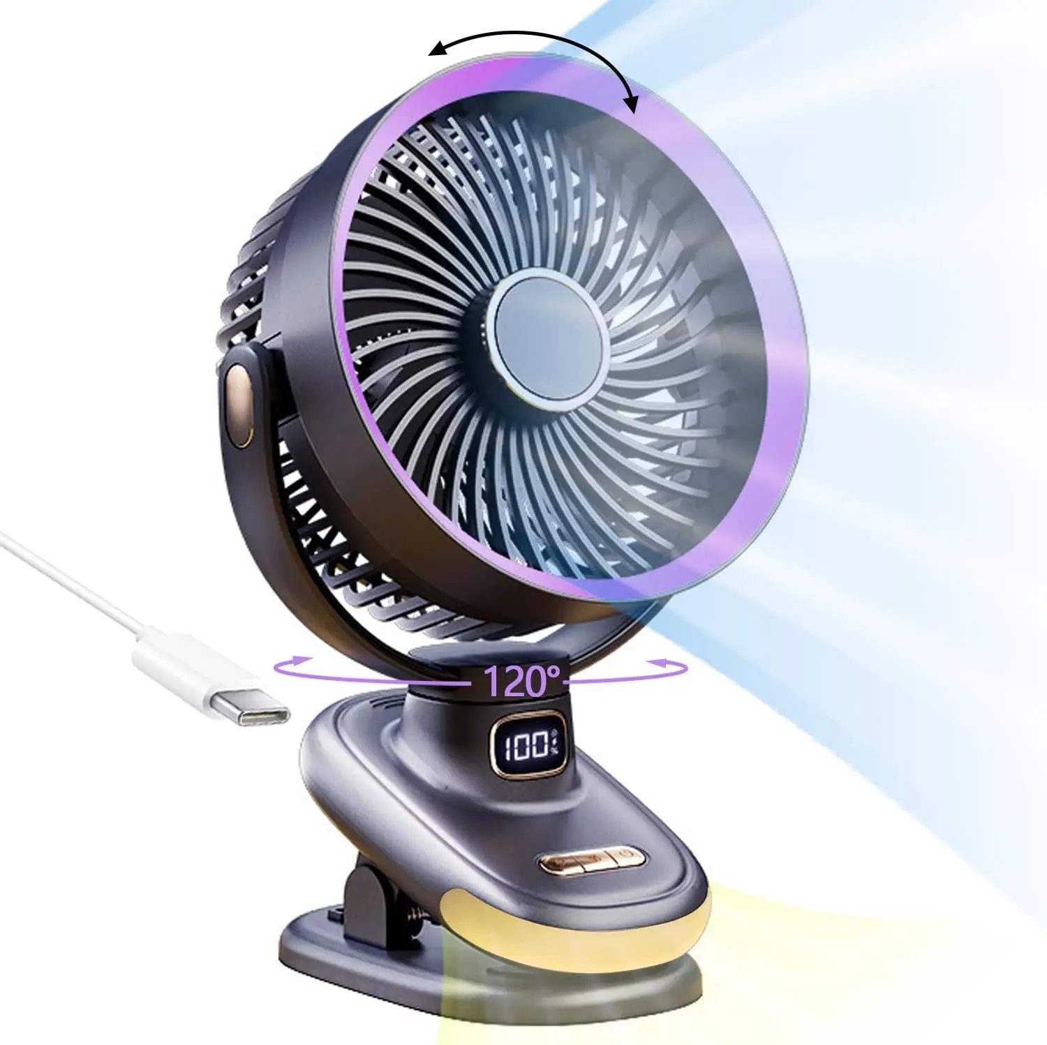 

Auto Rotating Oscillating Fan for Bedroom, Portable USB Rechargeable Desk Fan, Small Quiet 5-Speed Table Fan with Clip, Retro
