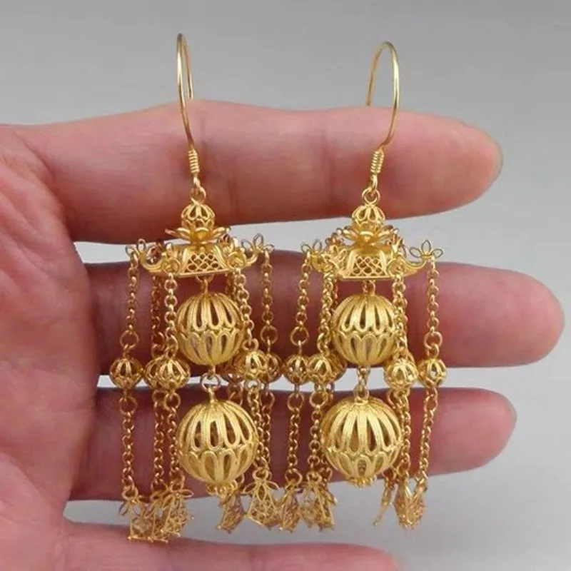 Gold Plated Filigree Palace Lantern with Tassels Long Drop Earrings Modern Chinese Palace Style for Hanfu Wedding Elegant Gift