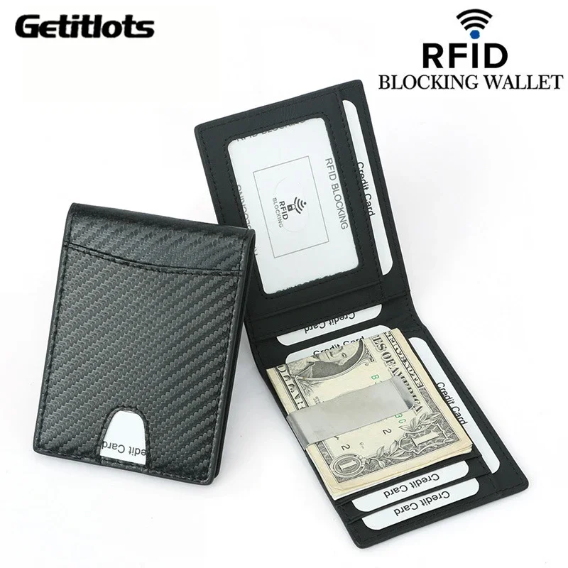 RFID Carbon Fiber Pattern Slim Money Clip for Men Leather Mini Wallet with Money Clips Small Wallet Purse Metal Clamp For Money