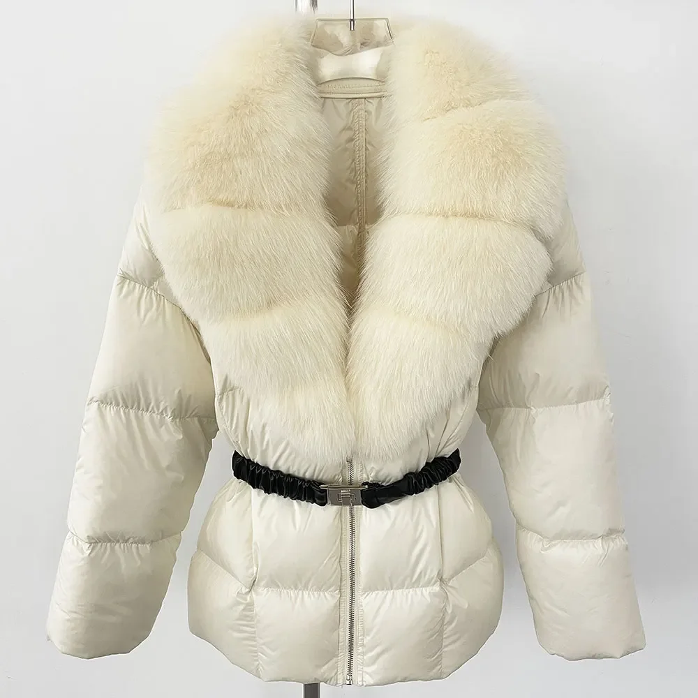 Vero cappotto di pelliccia di volpe naturale caldo piumino d'anatra bianco da donna nuovo grande inverno con lacci in vita soffice Parka piumino allentato 2025