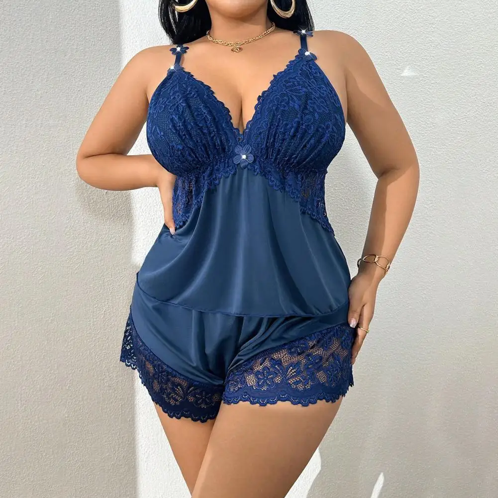 Classic Pajama Set Women Plus Size Pajamas Set Lace Trim Cami Top Shorts Nightwear Two-piece Sleepwear Lounge Set Comfortable